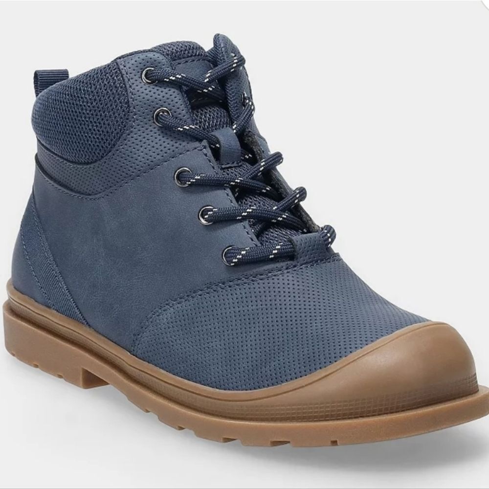 Navy Kids Lace-Up Ankle Boots with Brown Sole